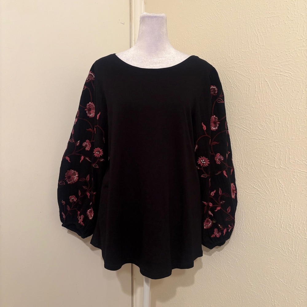 Chicos Black Floral Embroidered Balloon Sleeve Top Boho Blouse Hippie Western L